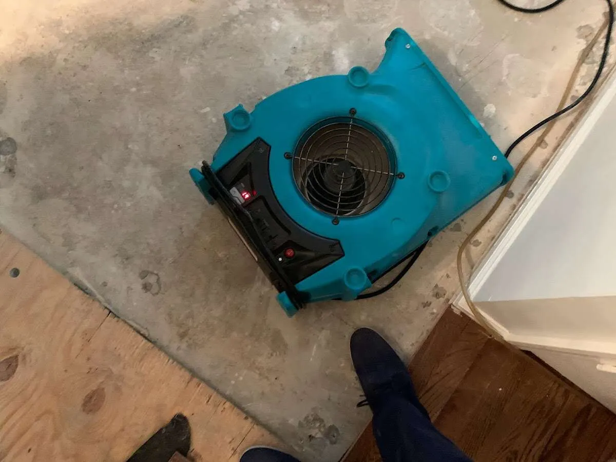 Air mover drying subfloor during Leak Detection & Repair in Oak Point